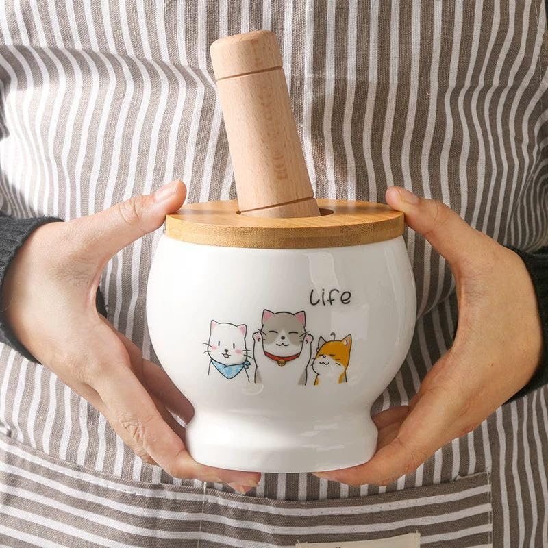 Generic Ceramic Mortar and Pestle Set, 600ml, Cat Design, Bamboo Lid with Wooden Handle, White .db