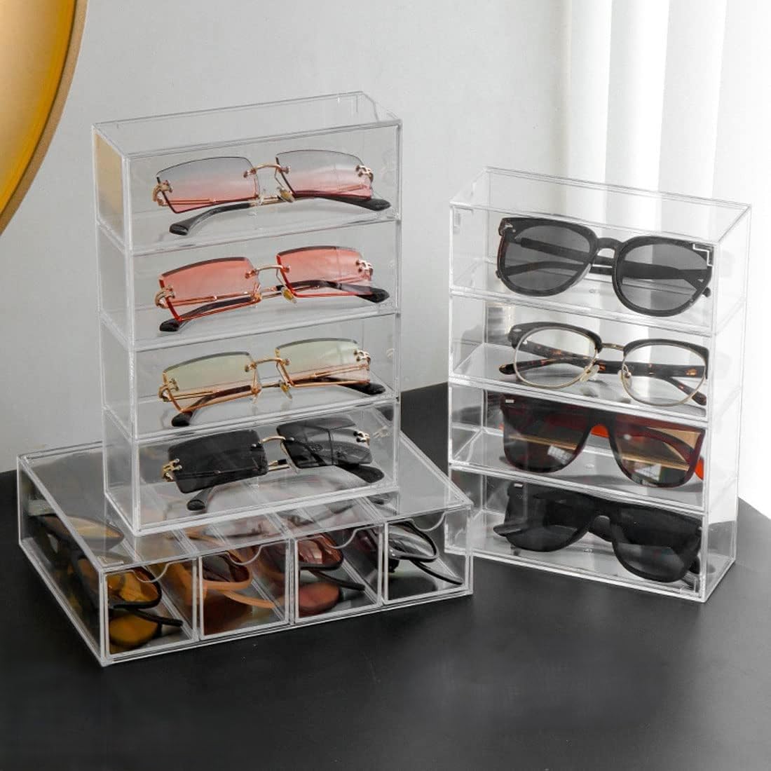 BEST MEDIA Acrylic Sunglasses Organizer with 4-Lid Drawer Storage, Clear Rectangular Box for Eyewear, Cosmetics, or Accessories, Suitable for Bathroom, Desk, Countertop, Office, and Dorm Use, Clear