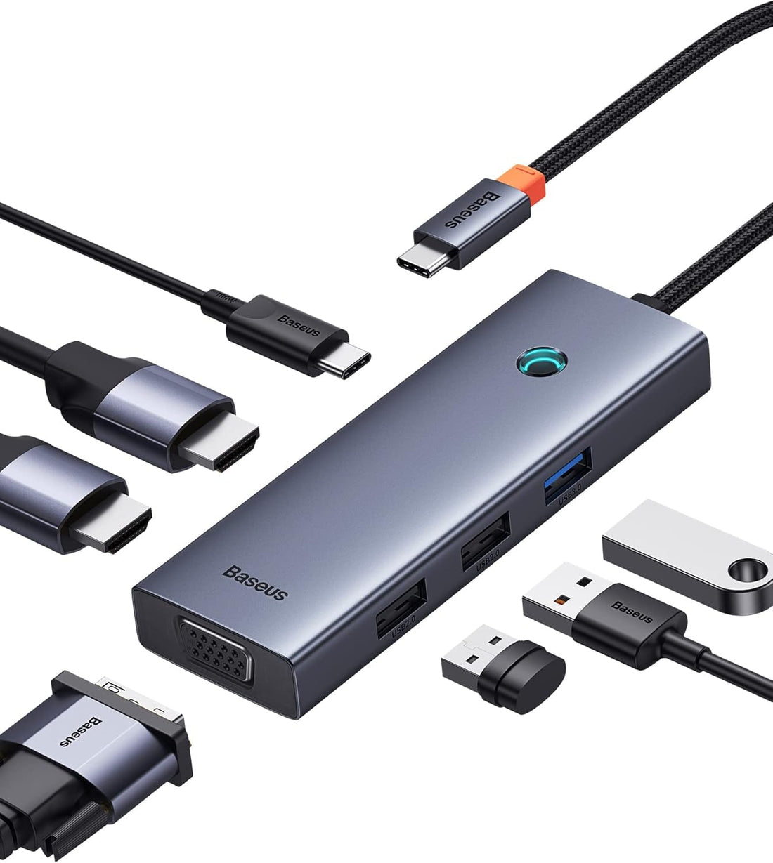 Baseus PortalJoy 7-Port USB-C Triple Display Hub | Dual HDMI 4K + VGA | 100W PD Charging | USB 3.0| Compact Docking Station for Apple MacBook, Microsoft Surface Pro, Dell, Laptop, iPad, Samsung Tablet