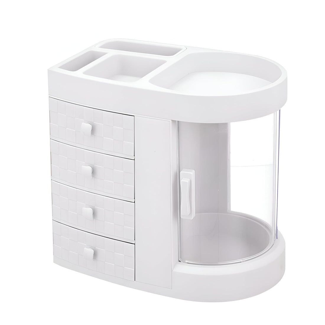 Cosmetic Caddy - Four-Tier Makeup Organizer with Jewelry Tray and 180° Dustproof Lid, Multifunction Storage for Skincare, Sponges, and Accessories, White Finish