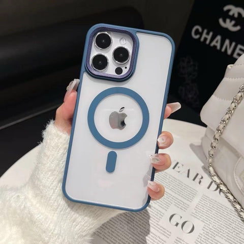 Fekra Luxury Metal Lens Camera Protection Megsafe Phone Case for iPhone 11 Wireless Charging Cover (Blue, iphone 11)