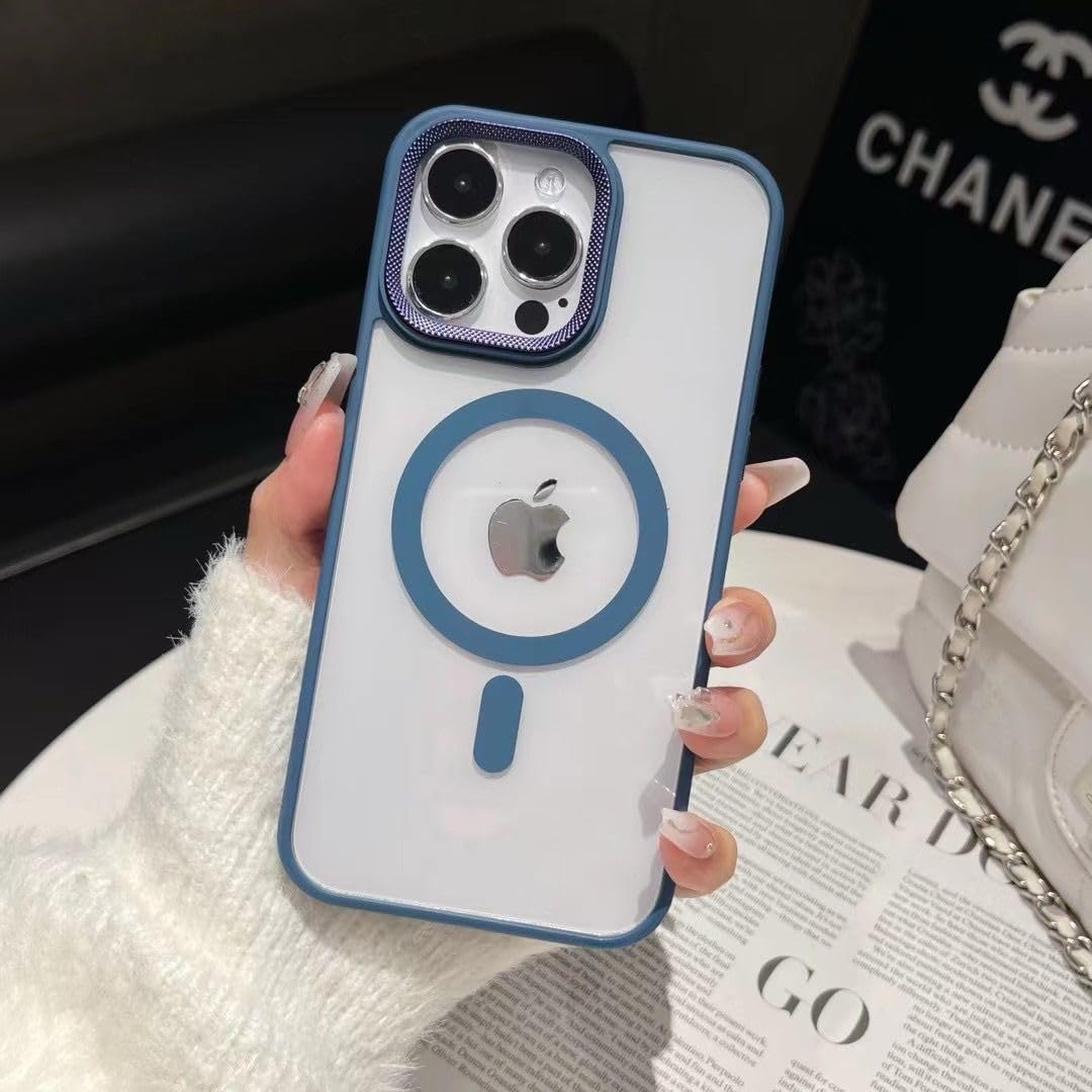 Fekra Luxury Metal Lens Camera Protection Megsafe Phone Case for iPhone 12 Pro Max Wireless Charging Cover (Blue, iphone 12 pro max)