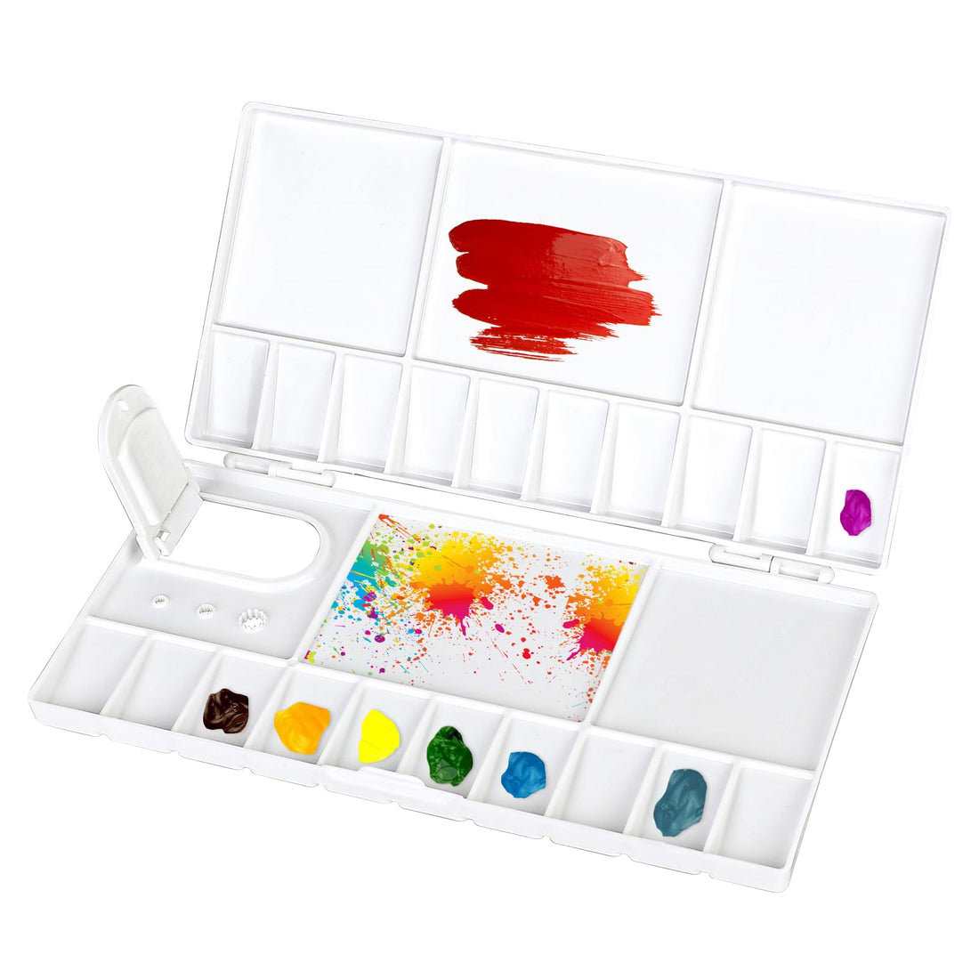 KALIONE 1 Pcs Folding Watercolor Paint Palette Case with Lid, 25 Compartments Paint Mixing Palette, Plastic Paint Palette Tray with Thumb Hole, Portable White Paint Palette, Watercolor Paint Tray