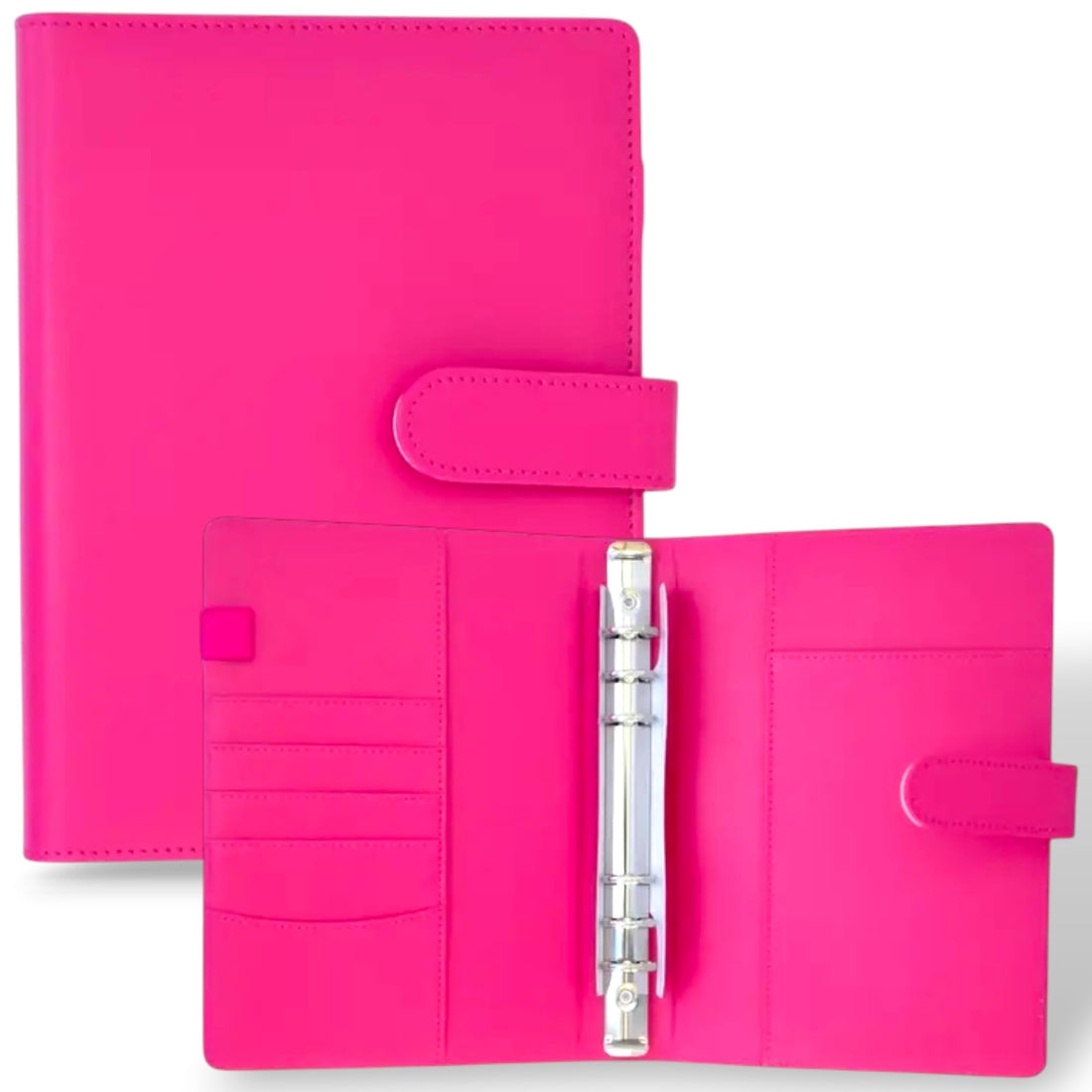 A5 Binder Cover metal 6-Ring loose leaf for Planning and Journaling, Fuchsia, Magnetic Closure with Card Slots