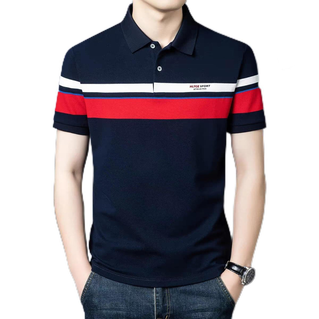 Becca Men's Polo Shirt Imported High Quality Cotton Navy Red White Stripes Short Sleeve