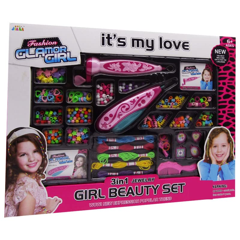 Next Store 3 in 1 Hair Decoration and Jewelry Making Kit, Braiding Tool and Beads with Embroidery Threads, DIY Bracelet Necklace Beads Kit, Creative Fashion Design Toy and Gift for Girls