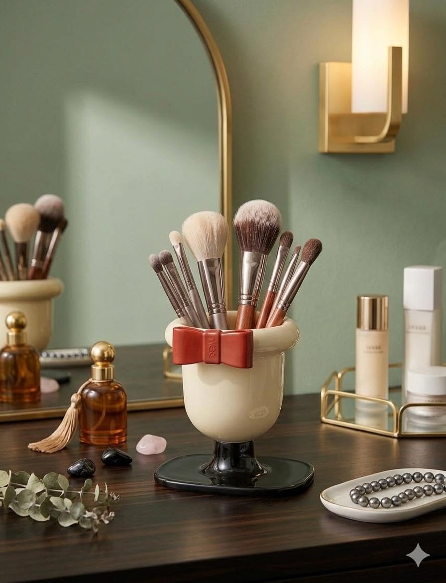Stylish corner organizer brushorganizer featuring cute bow decoration, sturdy base supports brushes, lipstick and eyeliner pencils, transforms your makeup space into a tidy and elegant area, keeps all