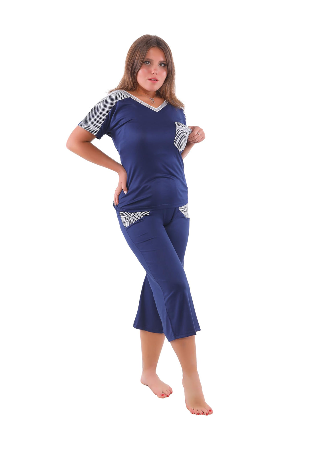 Dadosh Women's Plain Bermuda Pajama Set with distinctive embroidery on the collar and pocket for more elegance and beauty - Half sleeves and special cut Pajama Set