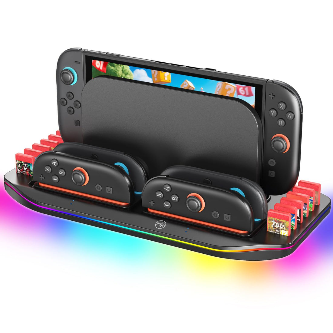 Younik Charging Dock for Switch 2, Multifunctional Charging Station Switch 2, Magnetic Switch 2 J-Con Dock with LED Indicators, Cable and 9 RGB Luminous Effects, 12 Slots for Game Cards Organizer