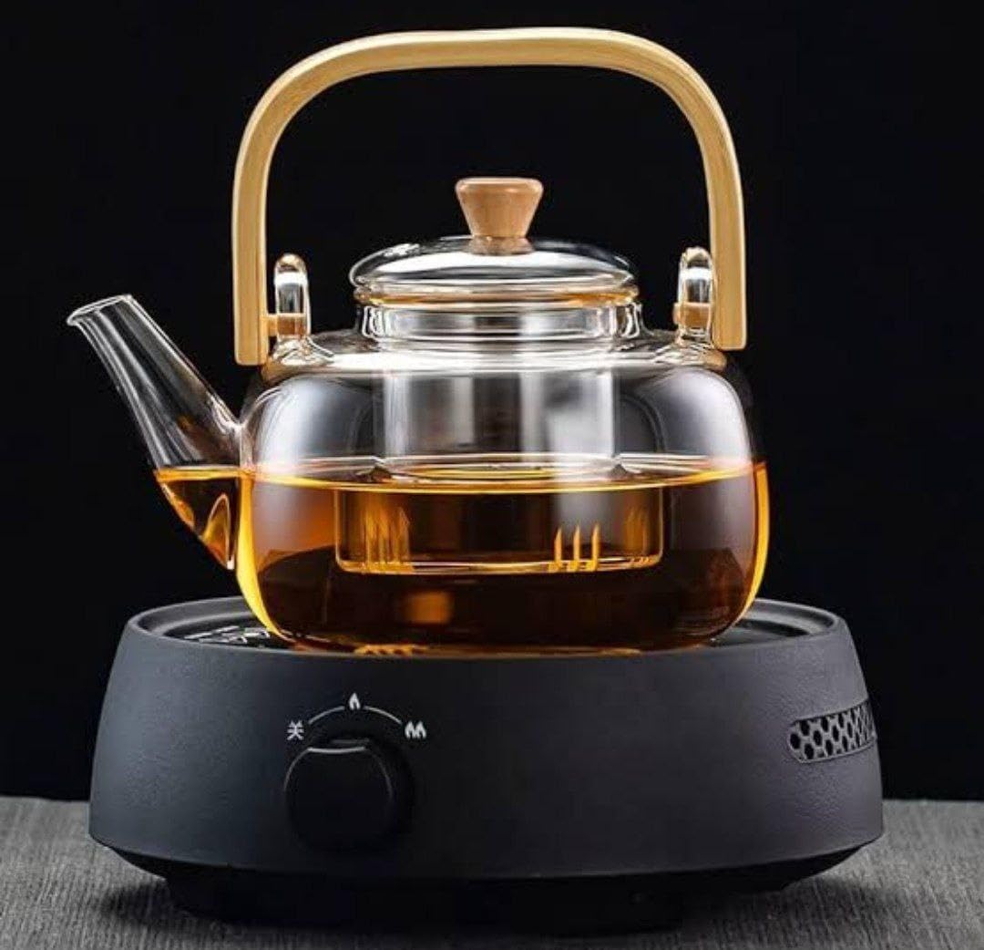 Glass Teapot with Wooden Handle and Filter, 1200ml Capacity, Clear Borosilicate Glass Tea Kettle with Infuser .mk