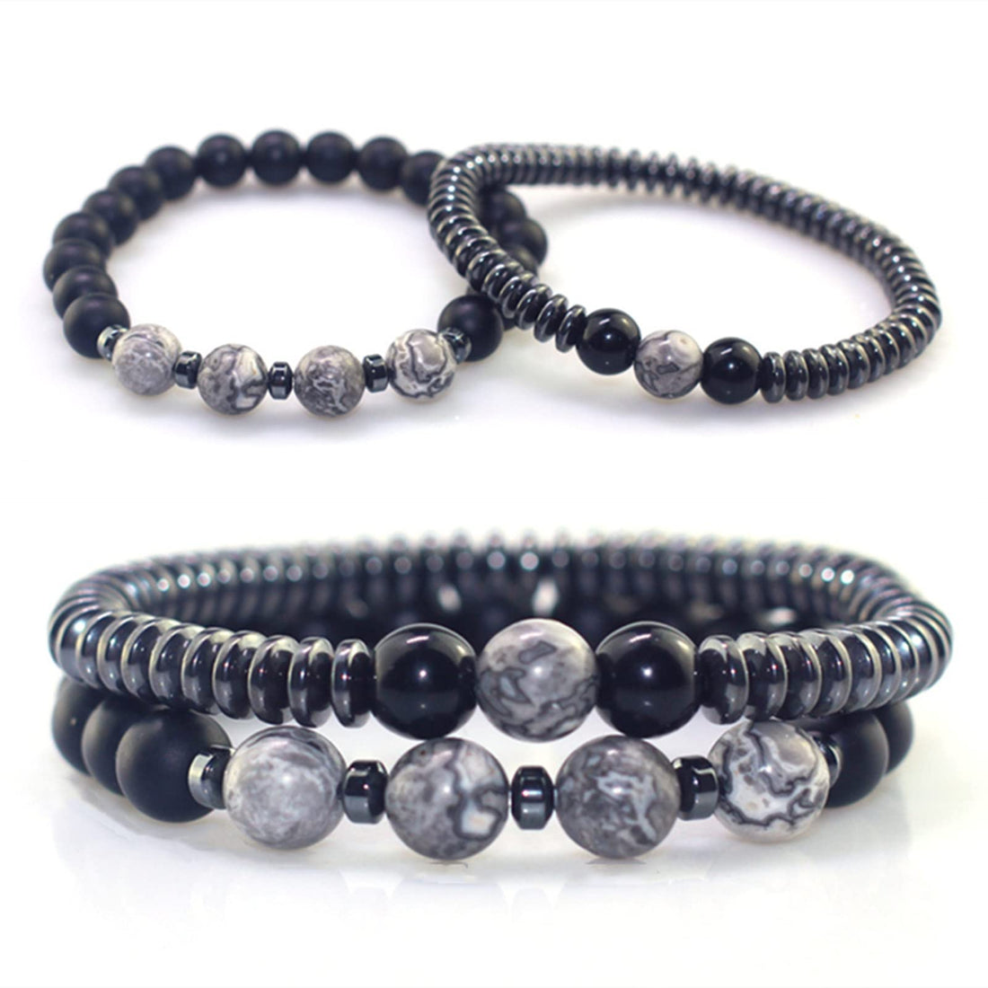 Black Obsidian with Hematite Bracelet for Men Women Energy Healthy Jewelry Sleep Arthritis Healing Crystal Bracelets Bring Luck and Prosperity and Happiness Christmas New Year (Black & White)