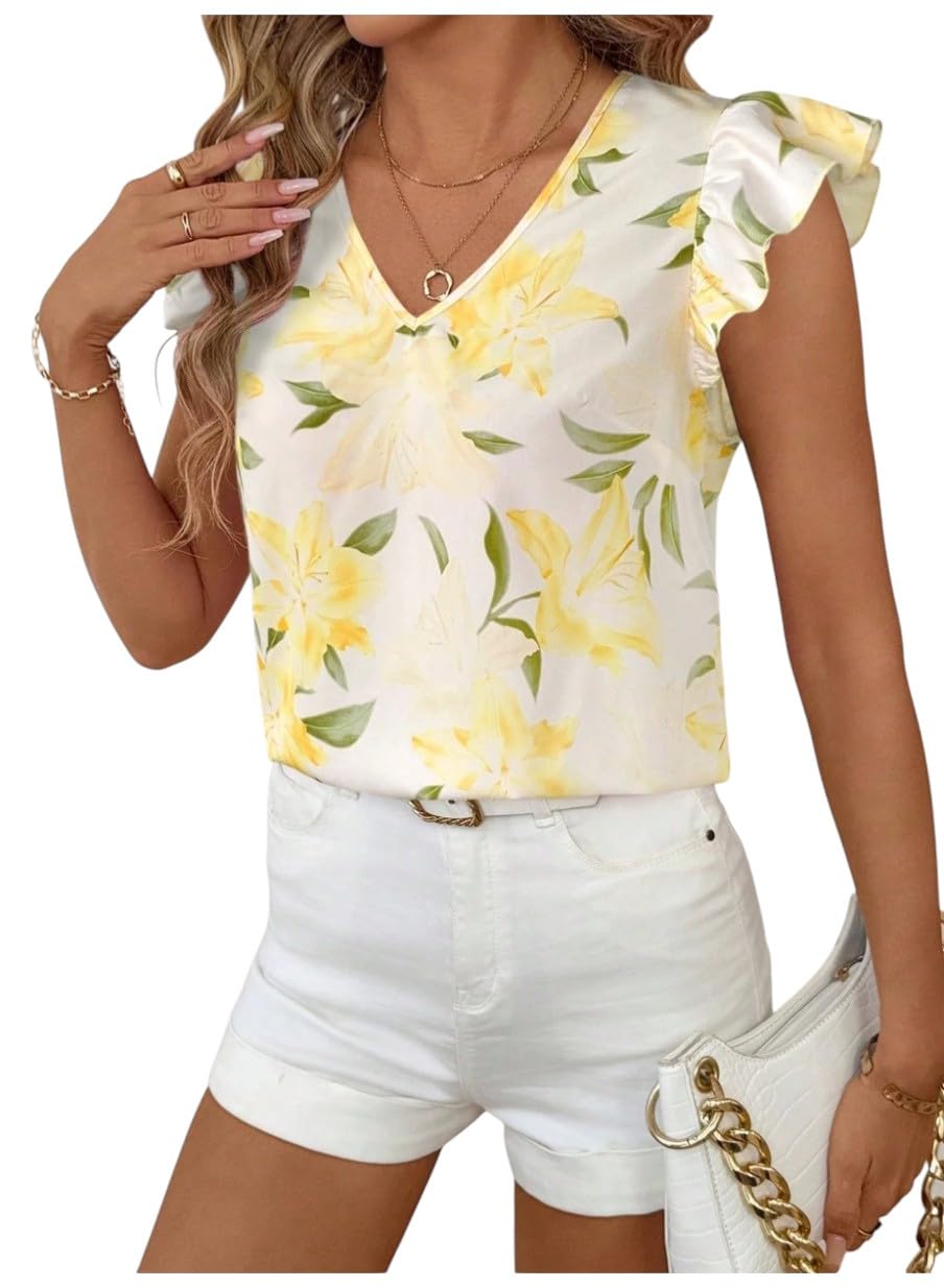 Women Elegant Floral Print Cap Sleeve Blouse, Summer