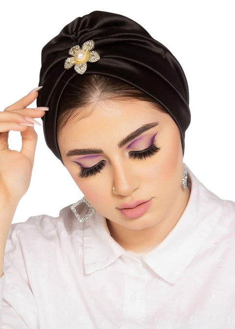 Black Silk Turban for Women with Crystal Flower and Pearl Decoration Elegant Head Wrap