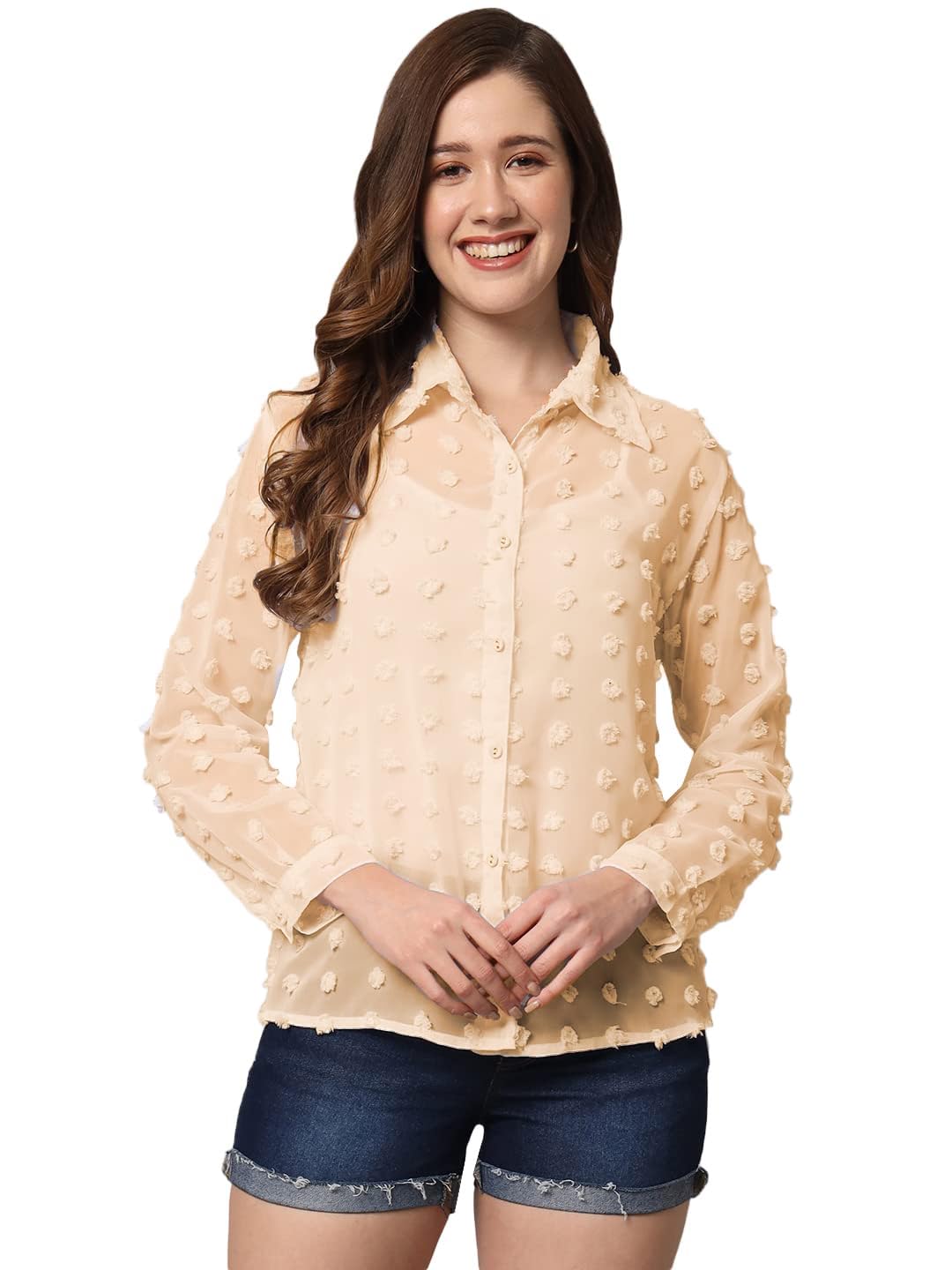 Sunset Women's Solid Sheer Big Dots Chiffon Blouse
