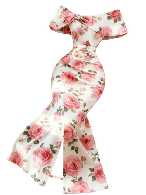 SHEIN Qadelle Elegant Off-Shoulder Floral Maxi Dress for Women - High Waist Puff Sleeve Mermaid Cocktail Gown for Summer Vacation