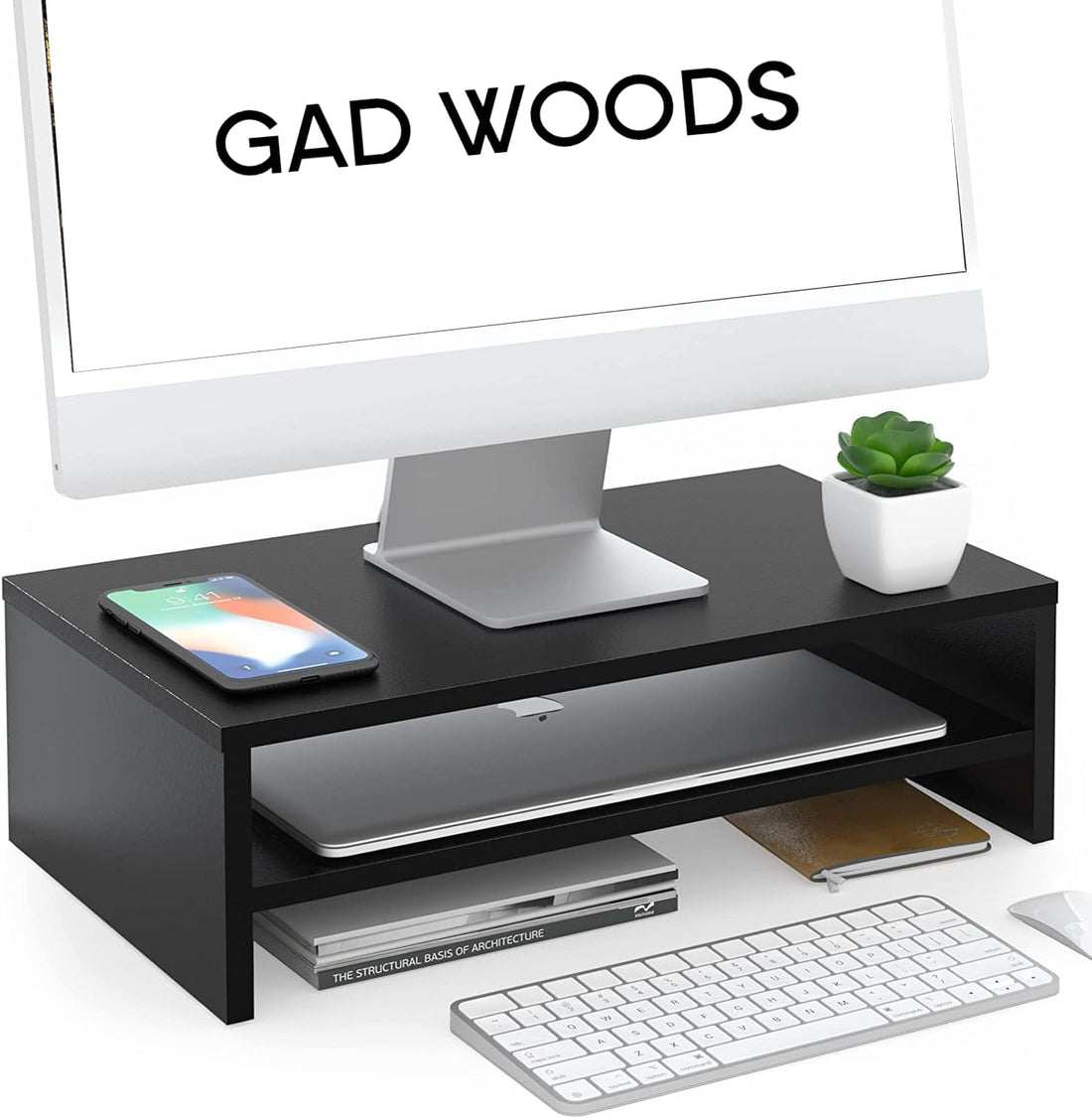 Computer Monitor Stand by MDF – Desk Organizer with Storage Shelf for Laptop and Books – Elegant Design – Ideal Height to Reduce Neck Pain – Size 40 x 24 x 15 cm – by Gad Woods