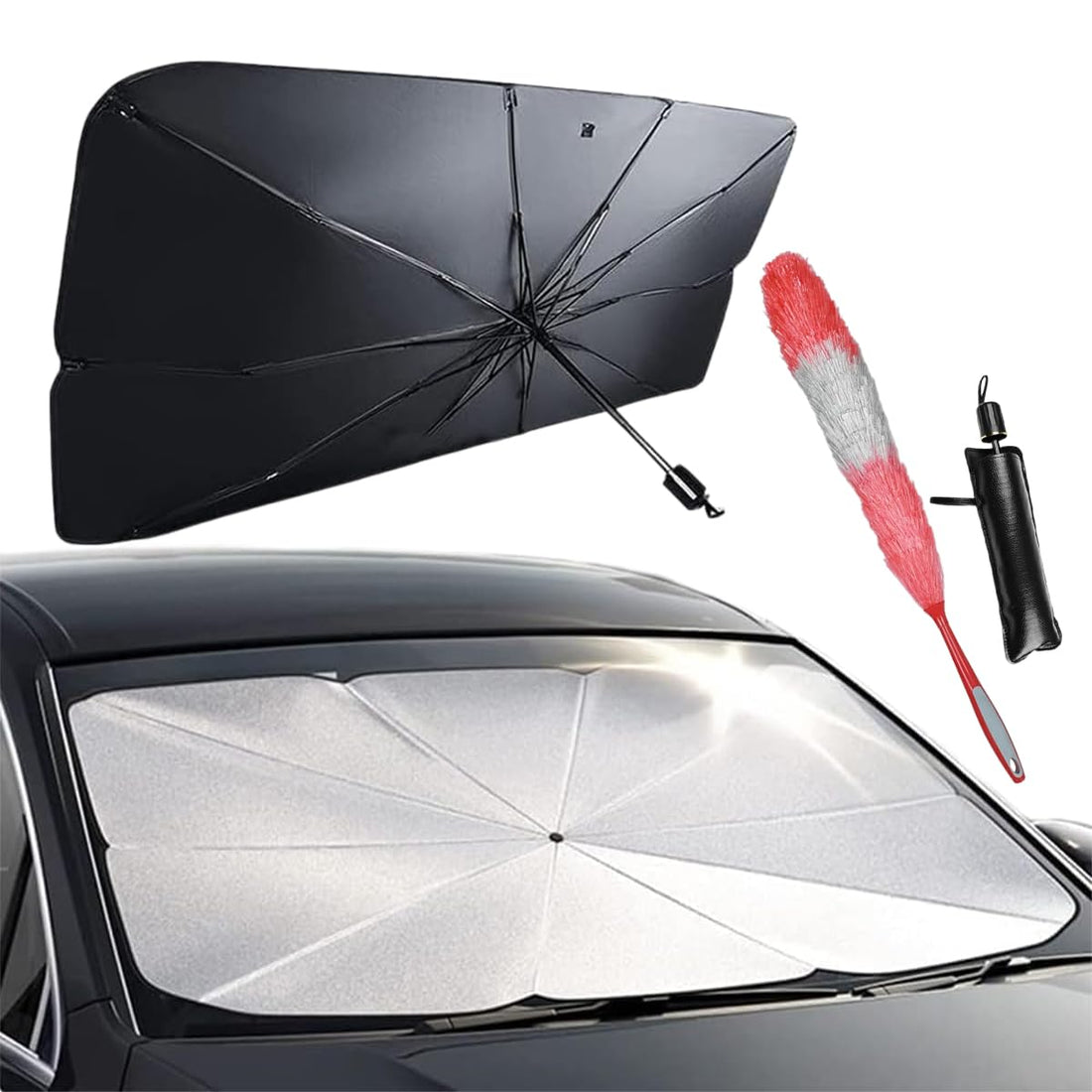 Duster Brush & Car Windshield Sun Shade - Car Duster Brush with Bendable Head & Umbrella 120 x 60cm for UV Rays Protection, Reusable Soft Dust Remover