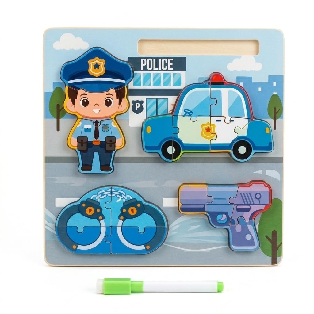 Educational Wooden Jigsaw Puzzle Board for Toddlers – STEM & Fine Motor Skills Toy – Early Learning ConstructionSet with Dry Erase Marker for Boys and Girls – Non-Magnetic Montessori Activity(police)