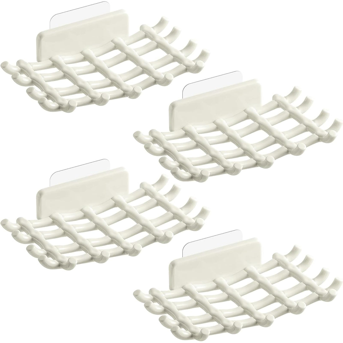 Tazweeq Self-Draining Soap Dish, No-Drill Wall Mount with Hooks, Waterproof Adhesive for Shower/Bathtub/Kitchen, 4-Pack, White