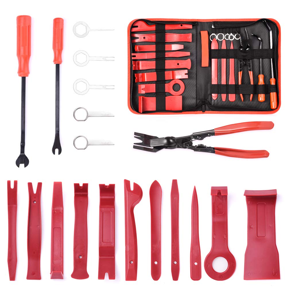 MICTUNING Car Panel Removal Tools, 19pcs Auto Door Panel Trim Removal Tool Kit with Clip Plier Set & Fastener Remover for Car Panel Dash Audio Radio Pry Tool Kits with Storage Bag (RED)
