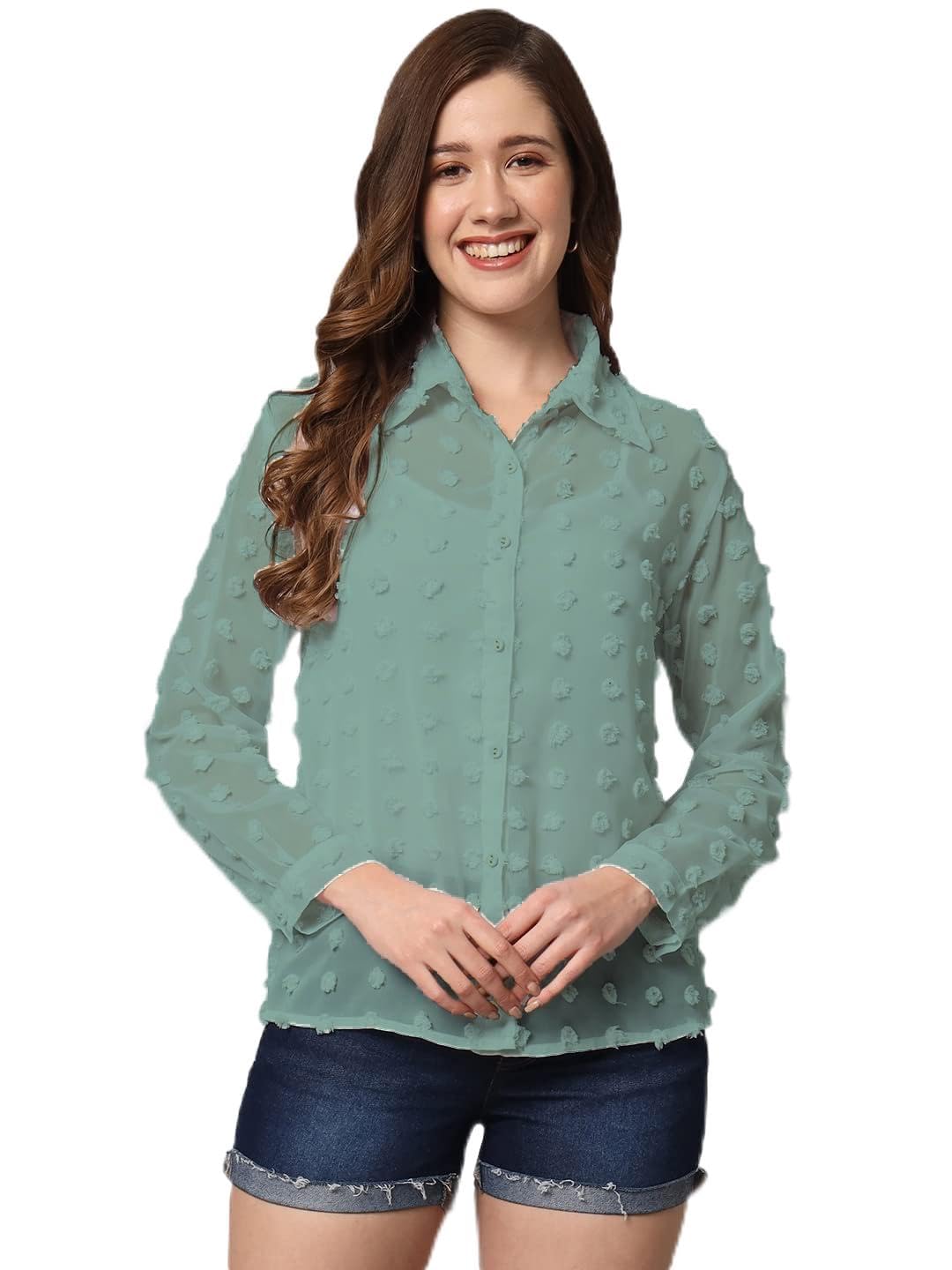 SUNSET EG STORE Women's Solid Sheer Chiffon Chunky Blouse (Genzary, S)