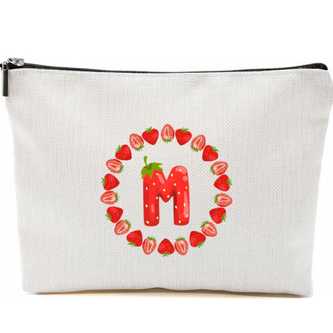 Personalized Initial Letter Makeup Bag or Pencil Case, Strawbery Initial Cosmetic Bag with Zipper Birthday Gifts for Women Girls, KIDS, Strawbery Letters (M)