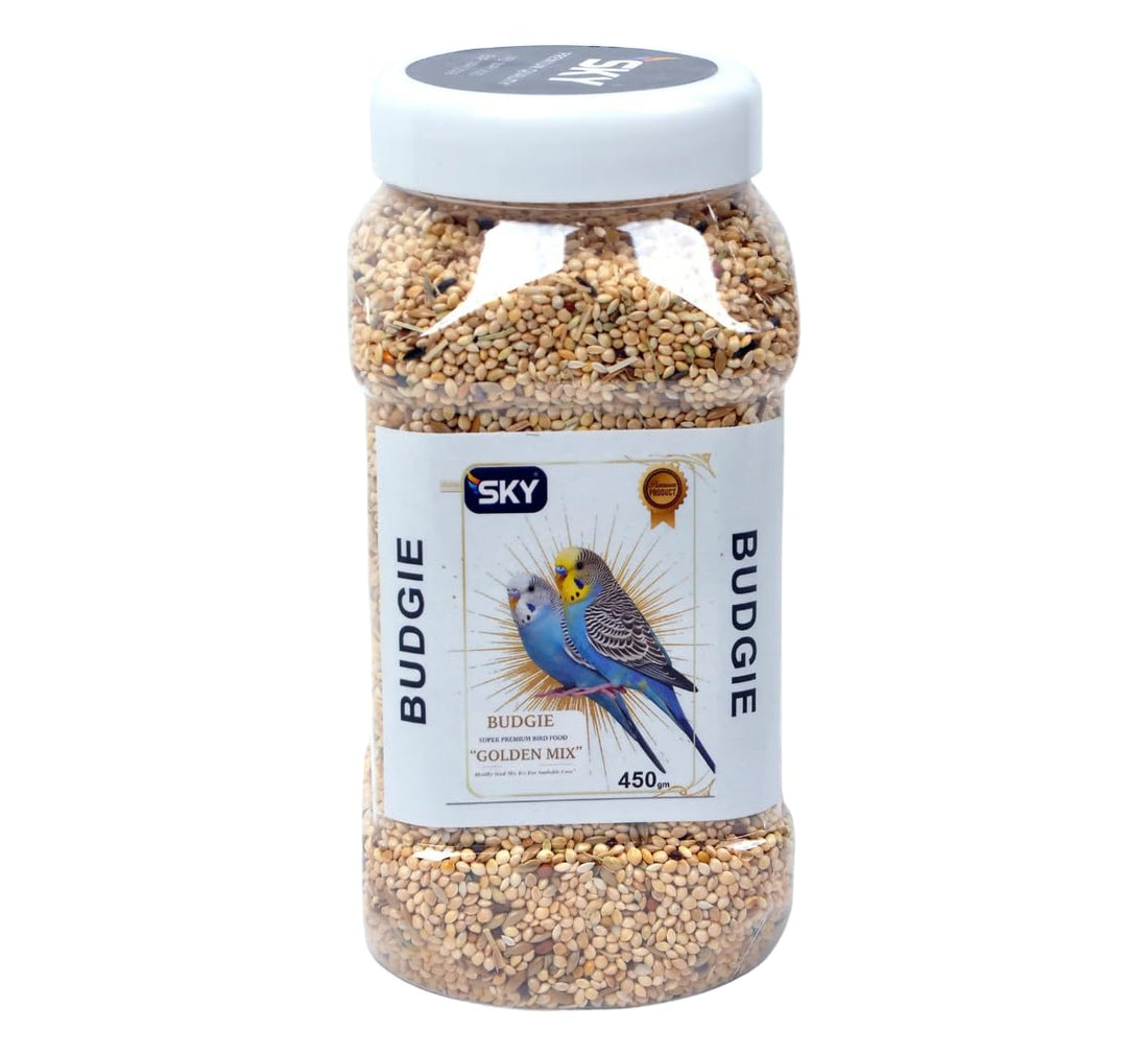 Budgie Finch Eat, Sky Budgie Golden Mix 450g | Premium Lovebird Food | Golden Seed Mix to Promote Budgie Health and Bright Colors