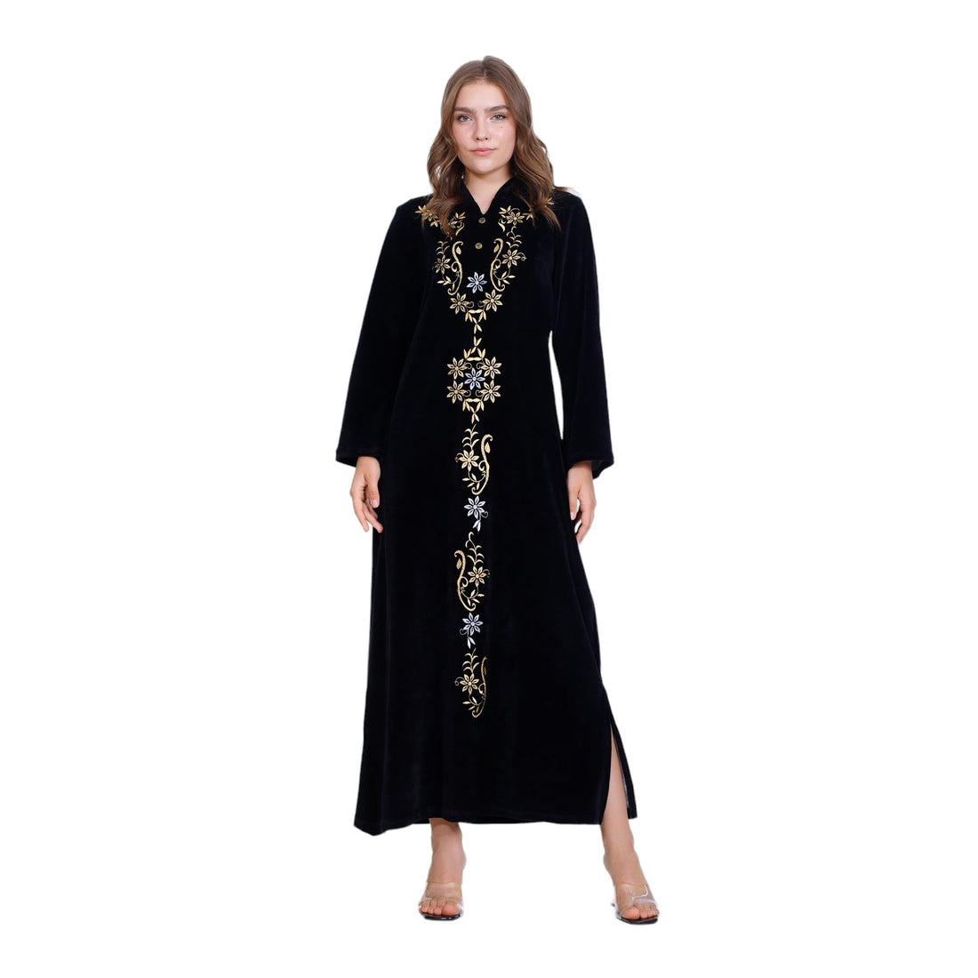 Zecotex Winter Black Velvet Cotton Abaya Nightgowns for Women - Special Cut on Both Sides - Gold Embroidered on Front - Long Dress Comfortable Home wear for Women
