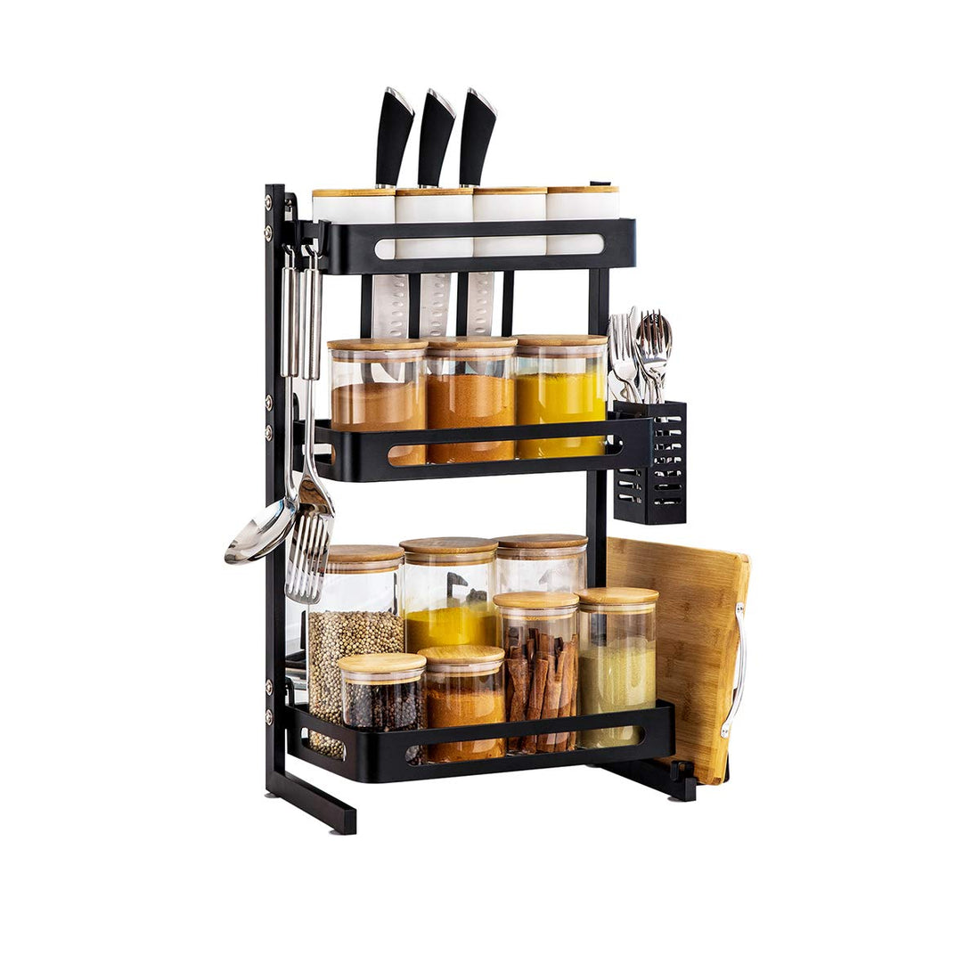 TOLEAD Kitchen Spice Rack for Countertop，Free Standing Spices Shelf ，Countertop Organiser Holder for Spice and Herb Seasoning Jar, Can, Bottle,Black