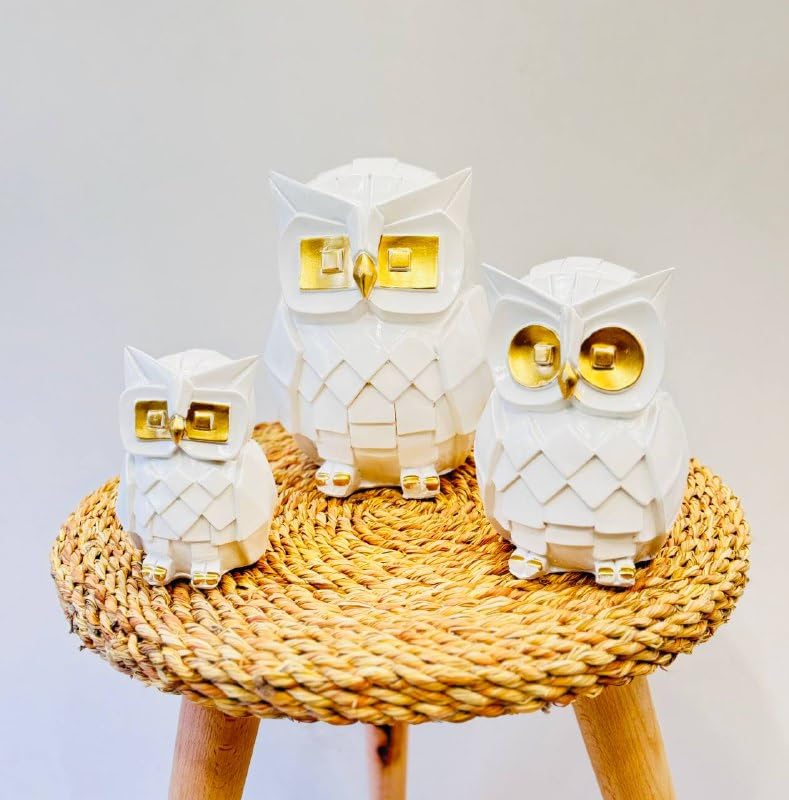 Ankh-Home-Supplies Owl Figurine Trio Geometric Design (White)