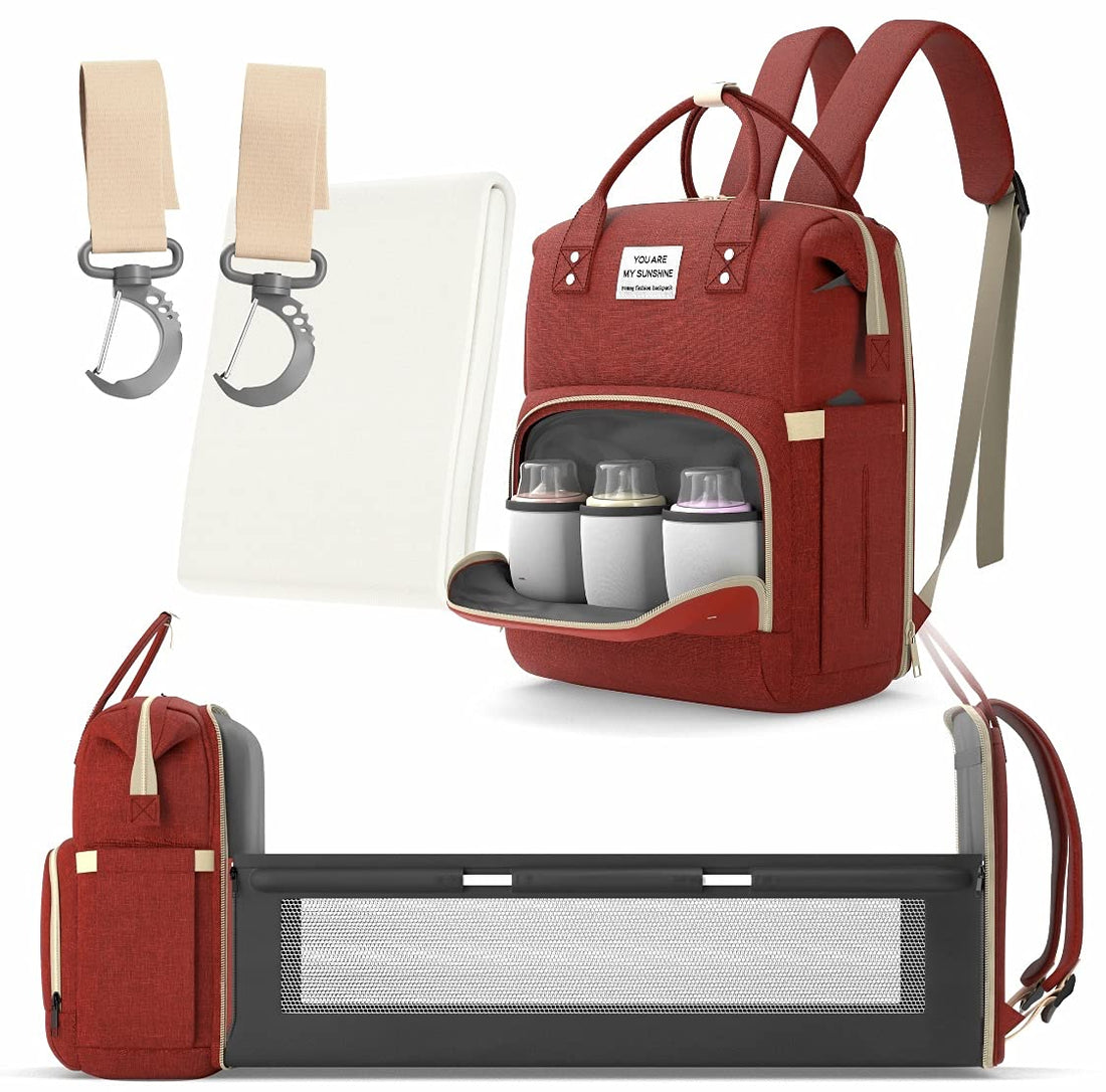 Multifunctional 3 in 1 Diaper Bag with Changing Station | Diaper Bag Backpack with Bassinet | Travel Baby Bed, Red,