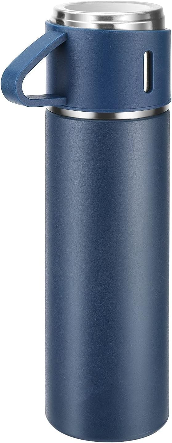 ZMHQLPDZ Coffee Thermos Stainless Steel Vacuum-Insulated Water Bottle, 500ml/16.9oz Insulated Bottle with Cup for Hot & Cold Drink Travel Mug (Blue, One Cup)
