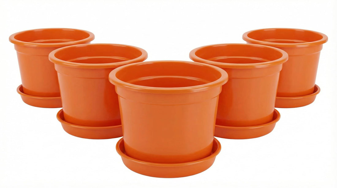 5 Pieces Round Plastic Planter Pots 15cm Diameter with Water Collection Dish (Orange)