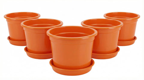 5 Pieces Round Plastic Planter Pots 15cm Diameter with Water Collection Dish (Orange)