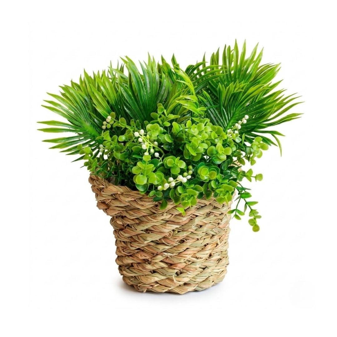 Artificial Plants in Baskets Natural Braided Wicker Plant Set - Elegant Rustic Bohemian Decor for Tables, Shelves, Walls - Green (1 Piece for Shelves)