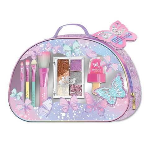 Kids Makeup Kit for Girls, Chemical-Free Cosmetics Set with Eyeshadow Palette, Lip Gloss, Brushes, Butterfly Theme Carry Case, Washable