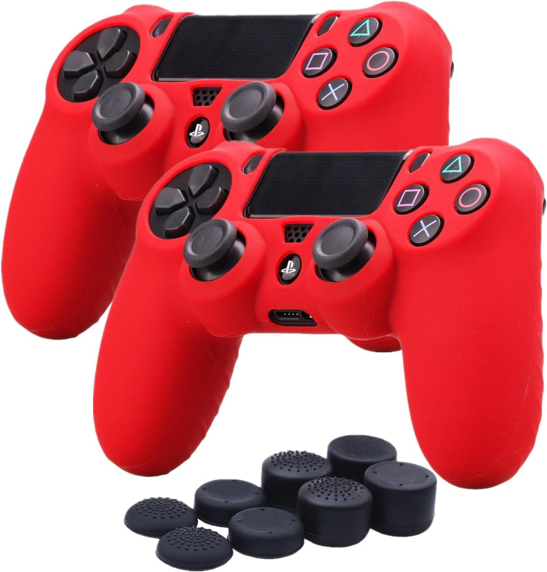 Generic 2pack Flexible Silicone Protective Case Skin Cover & 8pack Joystick Thumb Stick Caps Compatible with Playstation4 Ps4 Controllers (Case*2+Thumb Grips*8, Red)