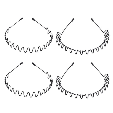 Sibba 4Pcs Metal Headband Hair Hoop - Black Spring Wave Unisex Flexible Head Band for Women Men - No-slip Accessories for Sports, Yoga, Christmas Party
