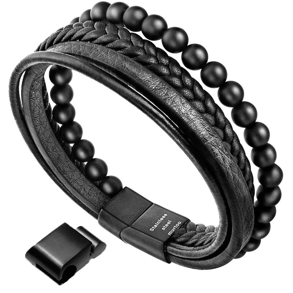 murtoo Mens Bead Leather Bracelet, Natural Bead, Steel and Leather Bracelet for Men Christmas Gift Idea, 8.7 inches, Leather