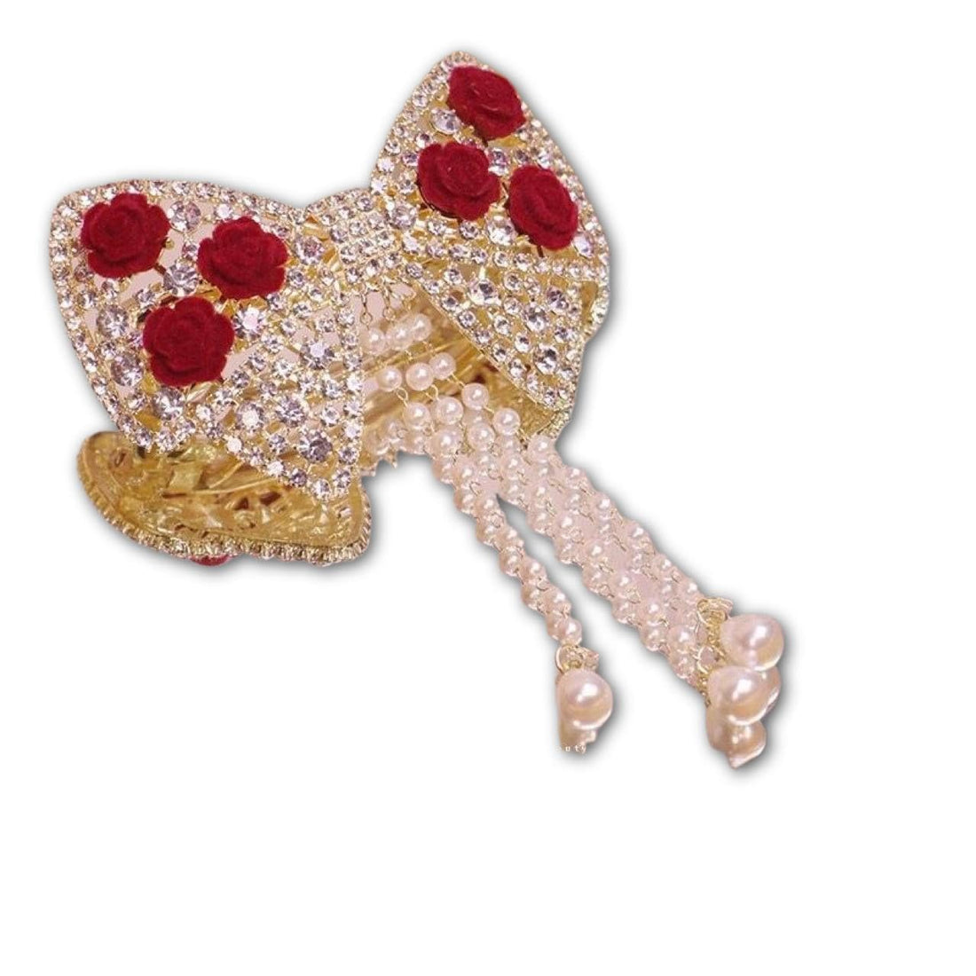 Pearl Tassel - Hair Clip with Rhinestone Bow Red Rose Flowers Gold Bridal Wedding Accessory