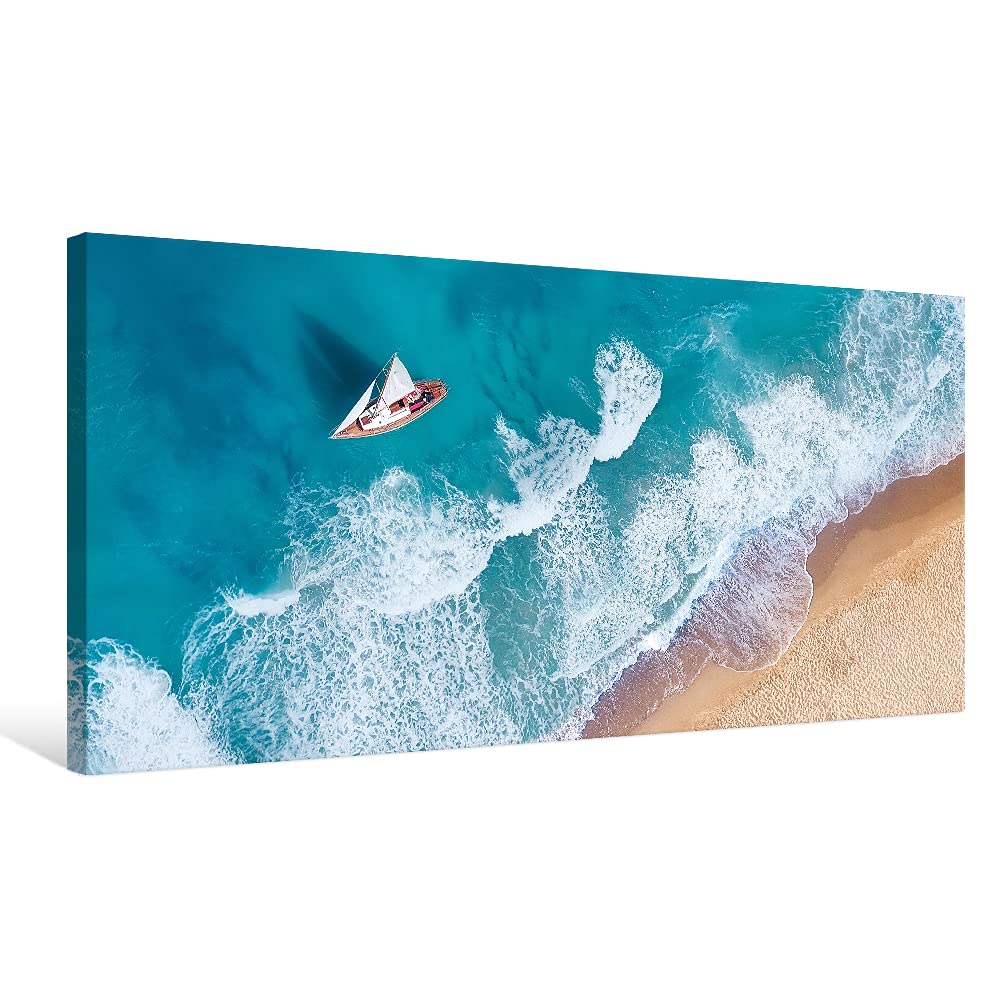 Goldfoilart Blue Ocean Sea Beach Canvas Wall Art Sailboat Painting Print on Canvas Seascape Pictures for Home Decor Living Room Bedroom Office Artwork Ready to Hang - 20"x40"