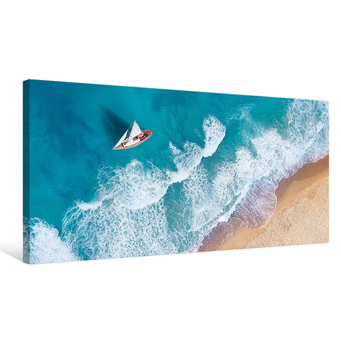 Goldfoilart Blue Ocean Sea Beach Canvas Wall Art Sailboat Painting Print on Canvas Seascape Pictures for Home Decor Living Room Bedroom Office Artwork Ready to Hang - 20"x40"