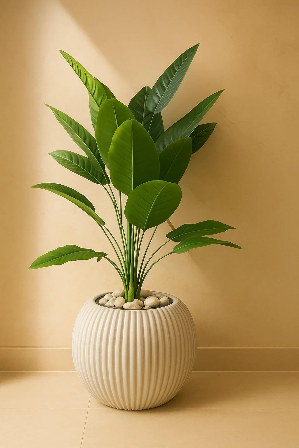 Artificial green banana tree with dense leaves in a stylish white pot