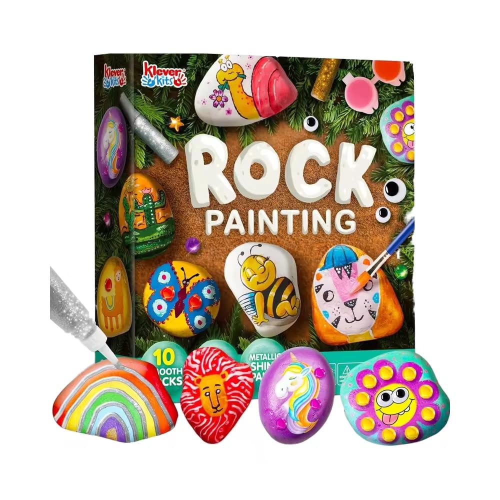 Rock Painting Art Kit, 10 Smooth Rocks, Metallic Paint Set with Brushes, Creative Kids Craft Activity