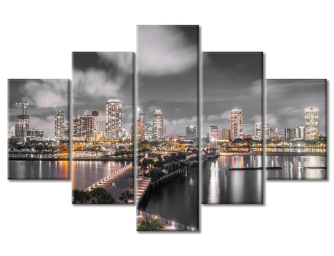 5 Panels Canvas Wall Art for Living Room St. Pete Florida USA Downtown City Skyline Wall Decor for Bedroom Modern Wall Decor Pictures Wall Artwork Paintings Canvas Art Prints Home Decor 60"Wx40"H