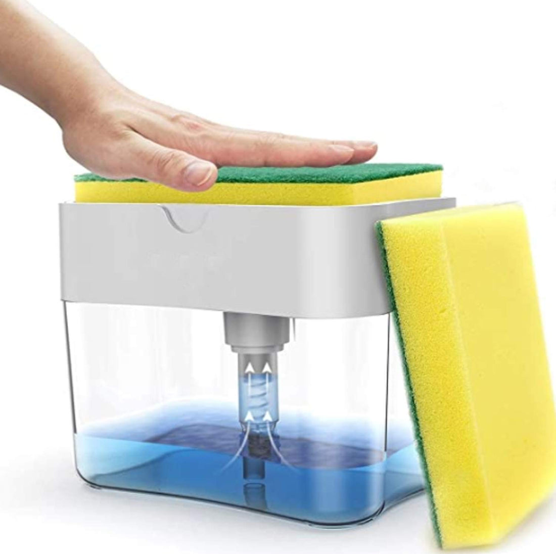 DELFINO 2 in 1 Large Capacity Soap Dispenser Pump with Sponge and Sponge Holder Rack for Washing Dishes, One Hand Use, Affordable Size, Gray