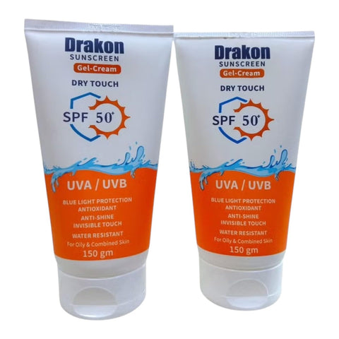 Drakon Sunscreen Gel-Cream Jumbo Dry touch SPF 50 + UVA UVB & Blue Water Resistant & for All Skin Types Especially For Oily (1+1) Promopack - 150 gm+150 gm