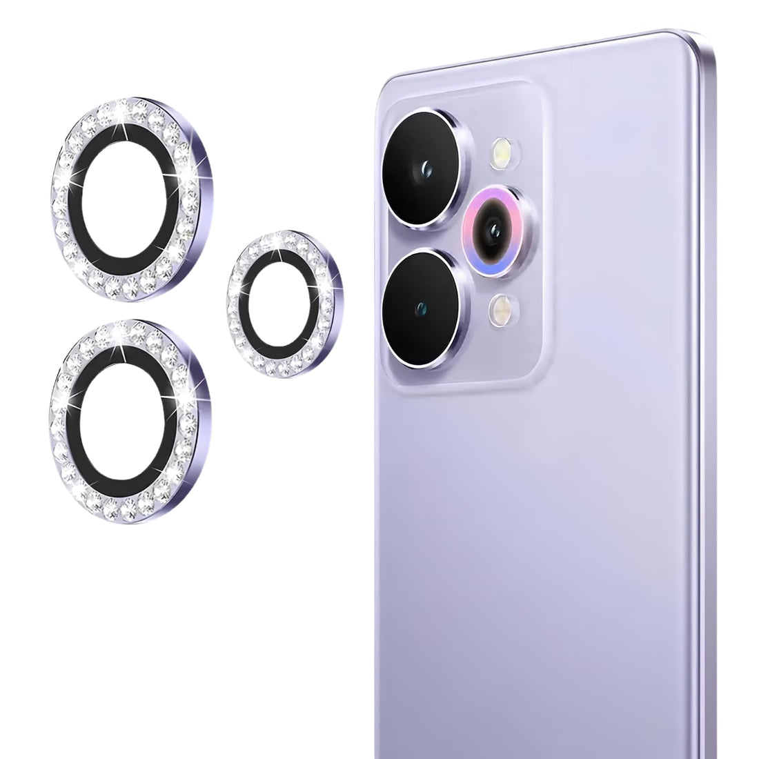 Camera Glass Protector Compatible with Realme 15 Pro – Black Metal Frame With Daimond, 3D Clear Tempered Glass, Anti-Shock, Anti-Scratch, HD Transparency - Silver