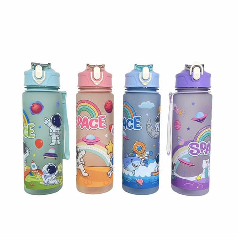 LIGHTER HOUSE 650ml cute Children ASTRONAUT SPACE Water Bottle with Straw PP Plastic BPA Free Safe Kid Outdoor Portable Drink Bottle with Strap (01 Pc.) Assorted Colour