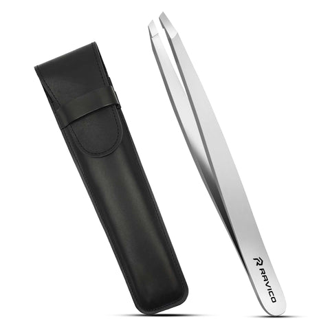 Professional Tweezers for Eyebrow with Precious Travel Case - Slanted Tweezers for Women & Men Stainless Steel Sharp Tip Tweezer for Ingrown Hair Removal & Pluking (Silver)